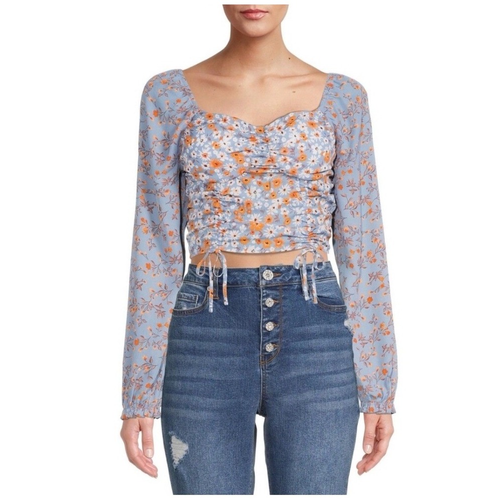 Madden NYC Blue Floral Ruched Cinched Front Smocked Back Crop Top Medium Boho